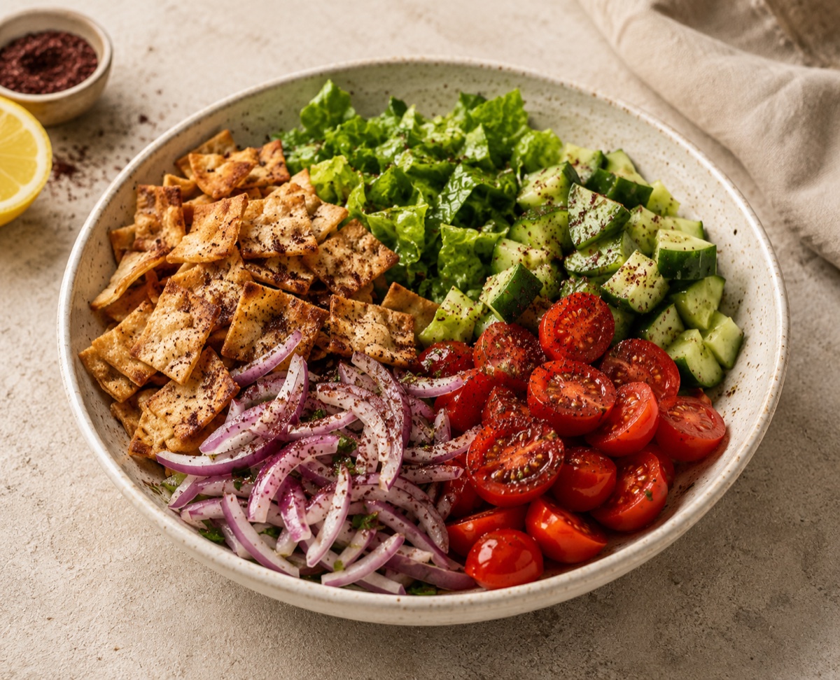 Fattoush salad bowl with romaine, cucumber, tomato, red onion and sumac-dusted pita chips